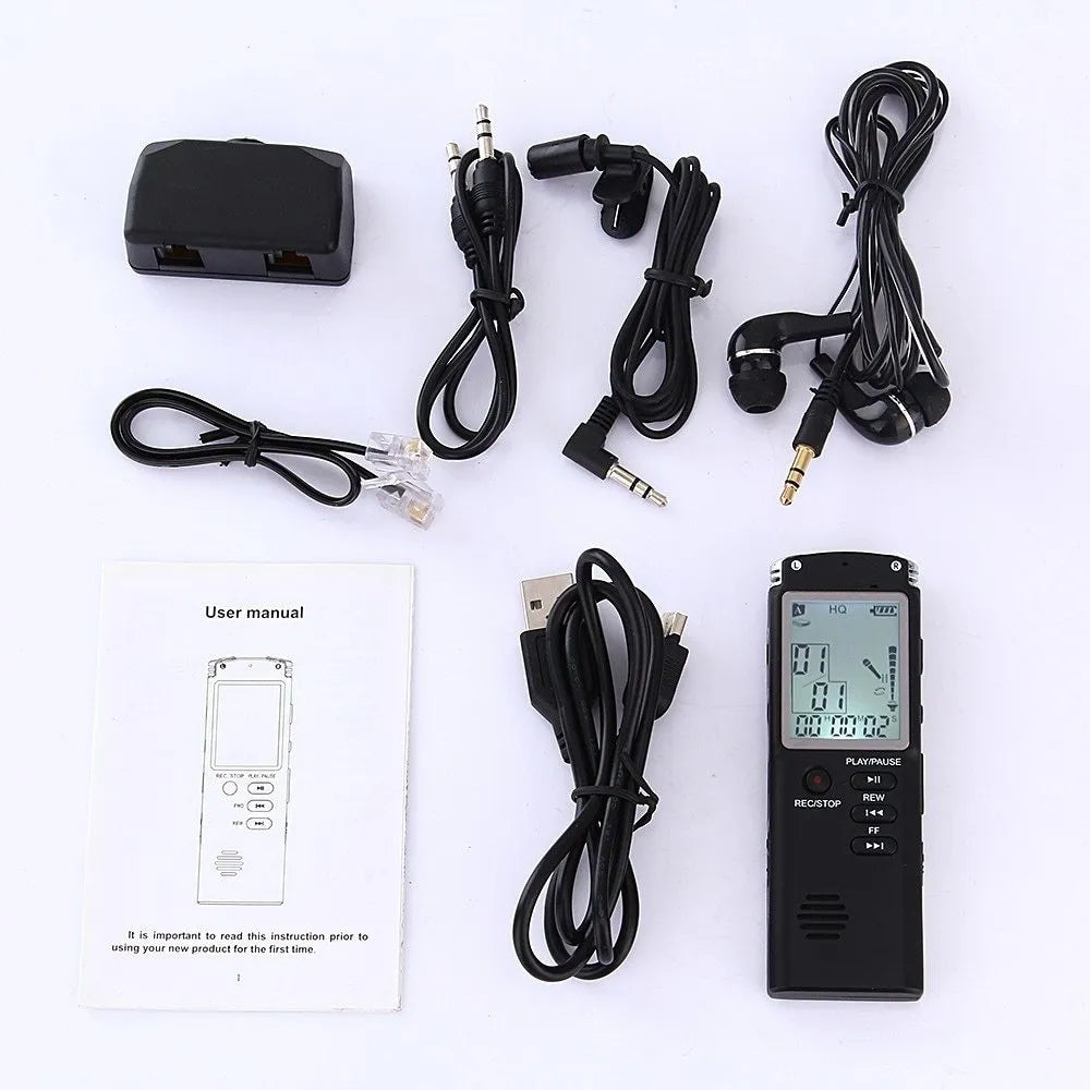 Black USB digital voice recorder for telephone and microphone recording, showing compact size