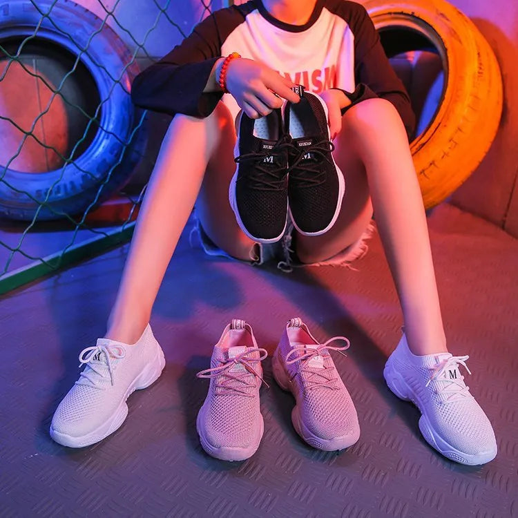 Women's white thick-soled flying woven sports shoes with front strap and round toe