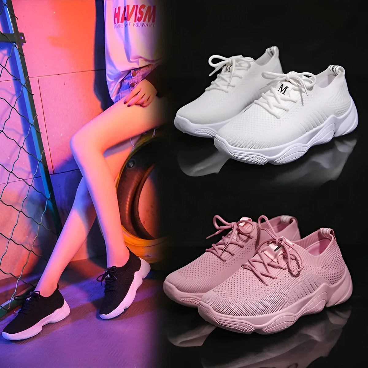 Women's white thick-soled flying woven sports shoes with front strap and round toe