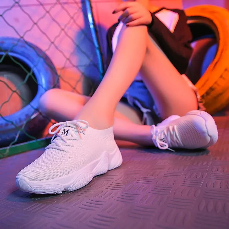 Women's white thick-soled flying woven sports shoes with front strap and round toe