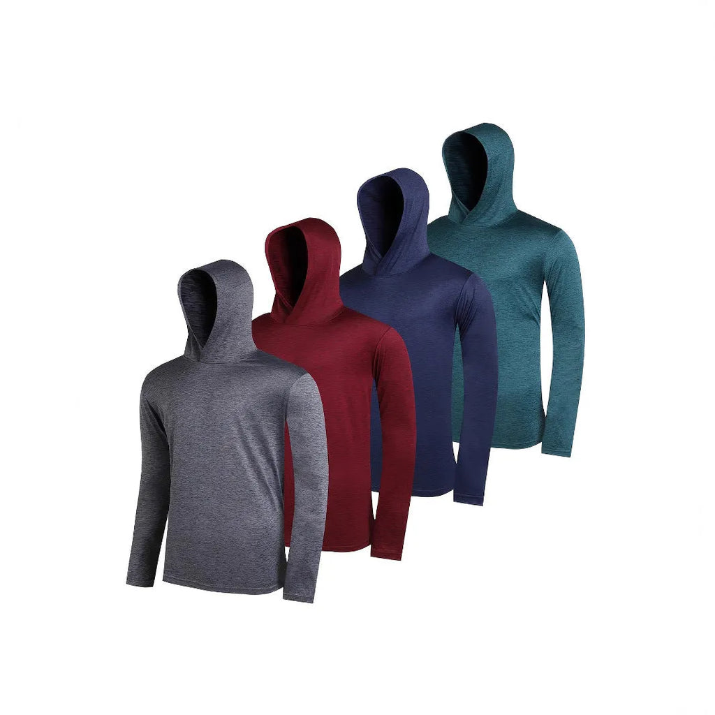 Set of four men's lightweight polyester hoodies on a hanger, showing colour options and style with hat.