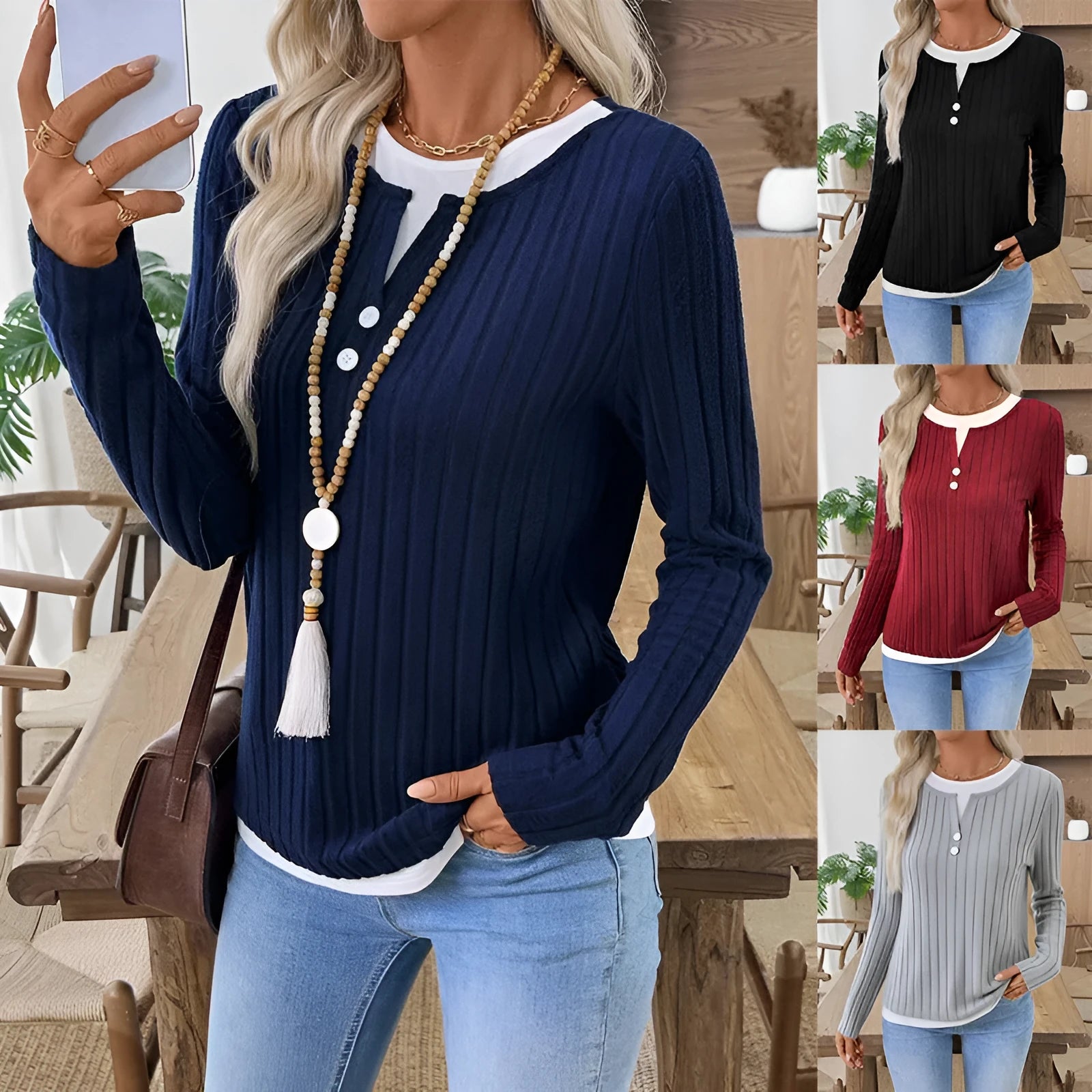 Women's fake two-piece pullover sweater with round neck, button details, and concave stripe pattern in solid colour