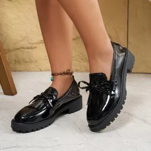 Women's brown and black bow loafers made of artificial PU leather in sizes 36 to 43