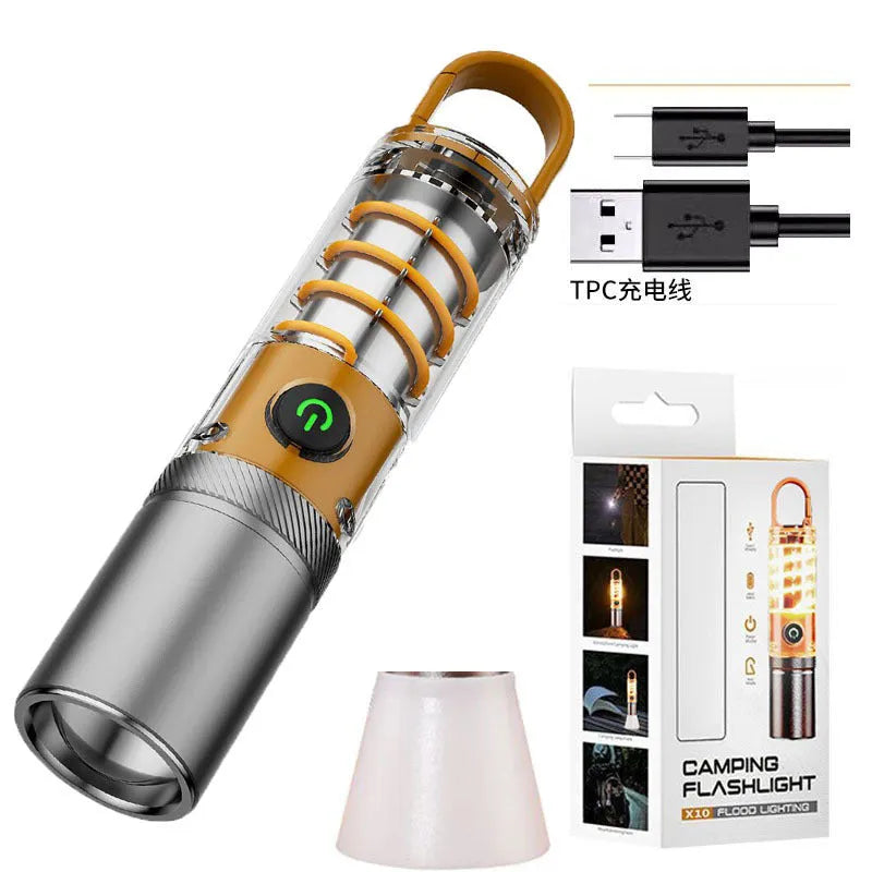 Orange and beige 10W rechargeable flashlight with hook, keychain, and USB cable.