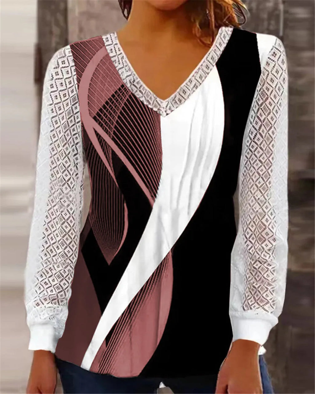 Women's V-neck loose fit hollow-out lace top in purple, wine red, grey, or blue with long sleeves