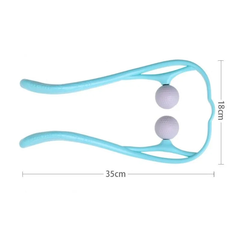 Plastic neck massager with hand roller for trigger point therapy in pink, blue, or green colours with removable heads