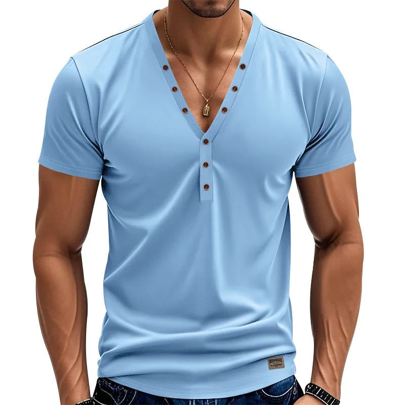 Men's loose V-neck sports top with button detail in chemical fibre blend fabric