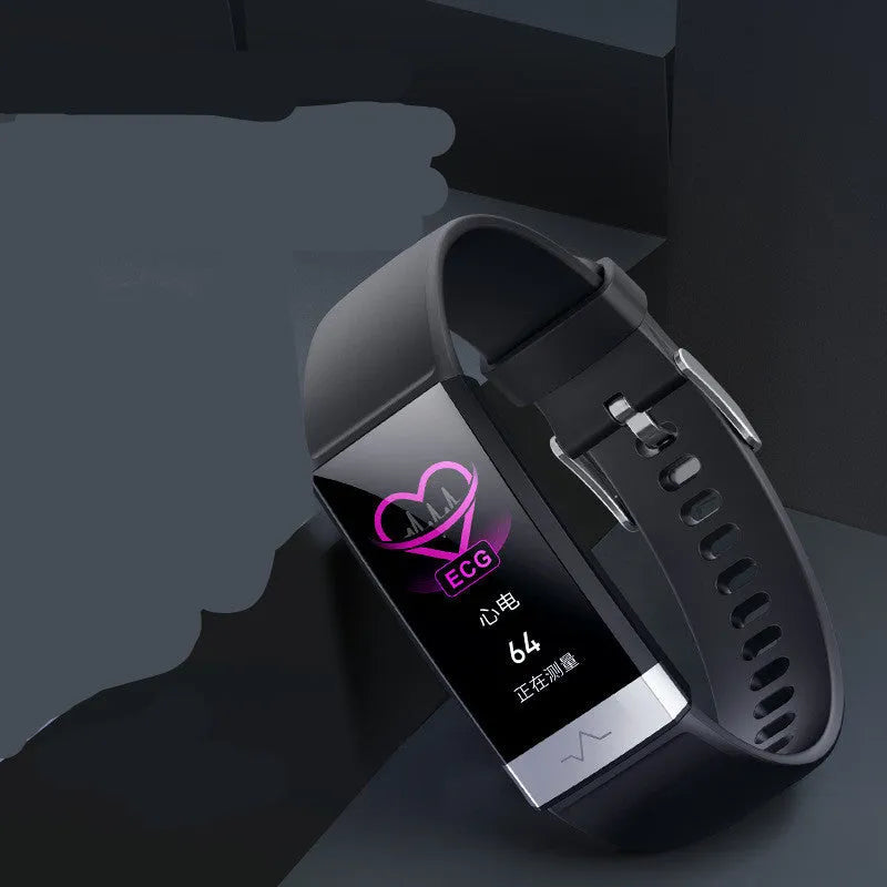 V19 smart fitness tracker with colour display on a blue TPU wrist strap, showing health metrics.