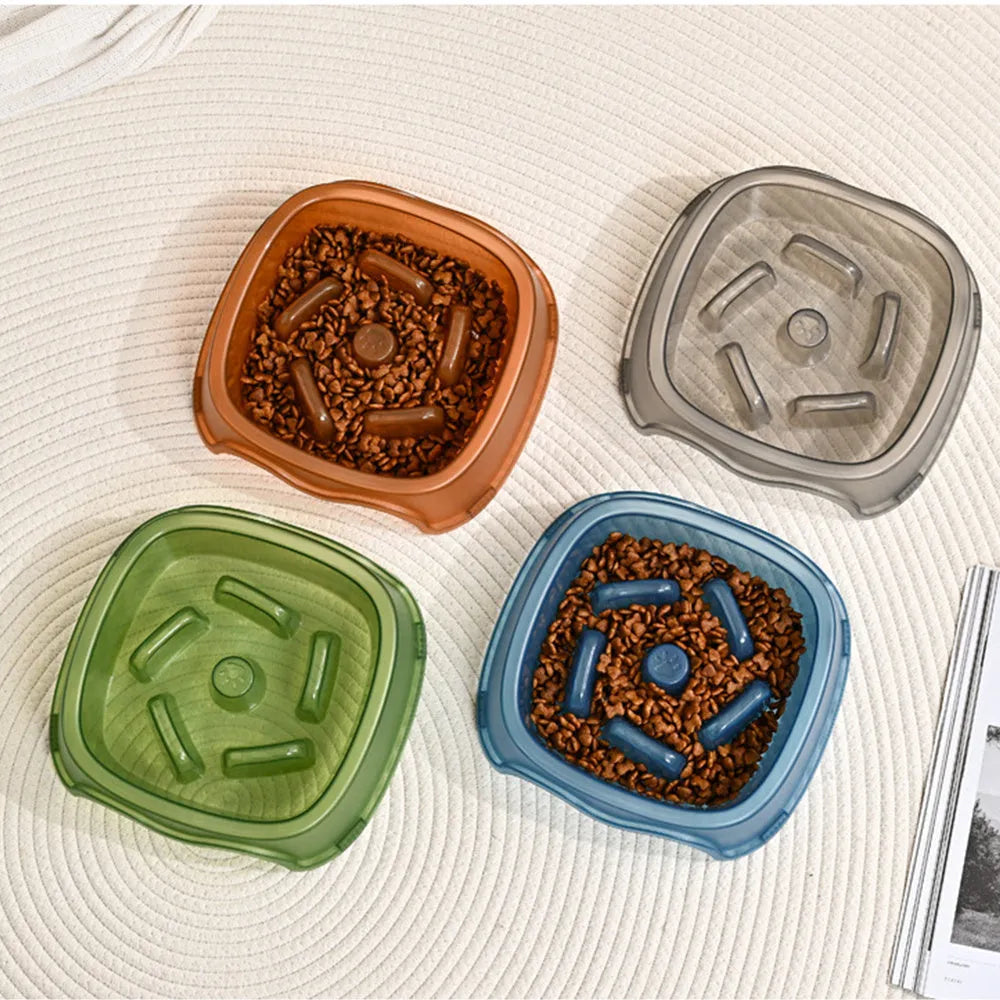 Plastic dog slow feeder bowl in blue gray green or orange for anti-choking pet feeding