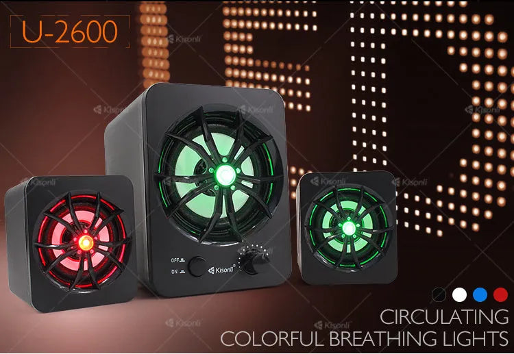 Green 2.1 USB computer speaker with colourful glowing light and dual connectivity ports