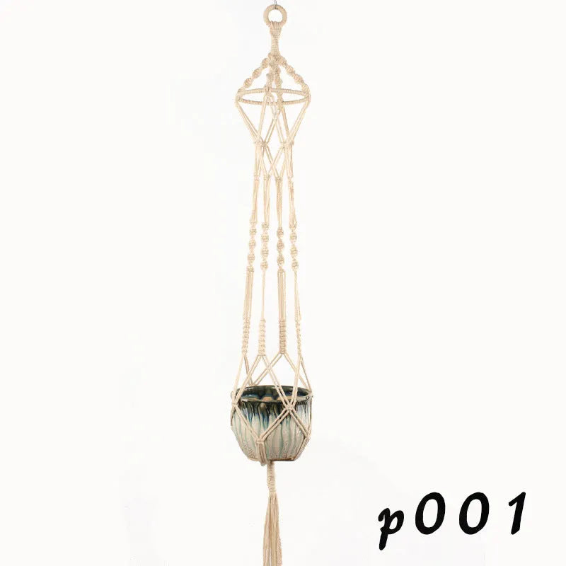 Woven wire plant basket with cotton rope construction in multiple hanging styles