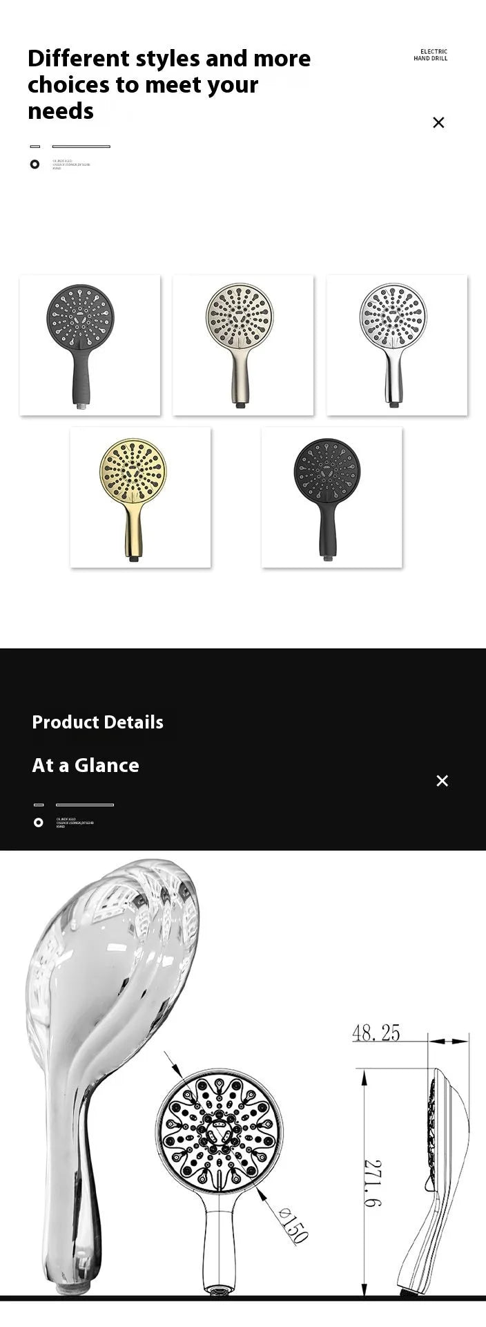 Silver electroplated handheld shower head with six function selector on a 6-inch face.