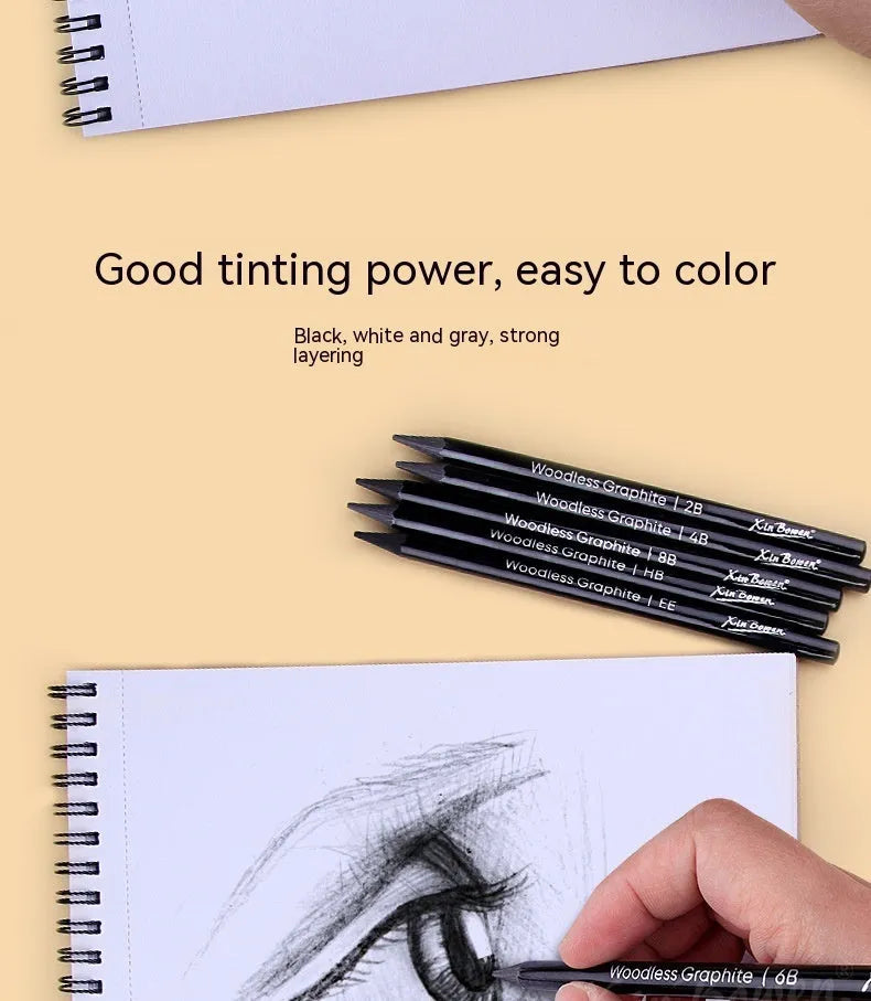 Six graphite sketching pencils with HB, 2B, 4B, 6B, 8B, and EE grades arranged in art set