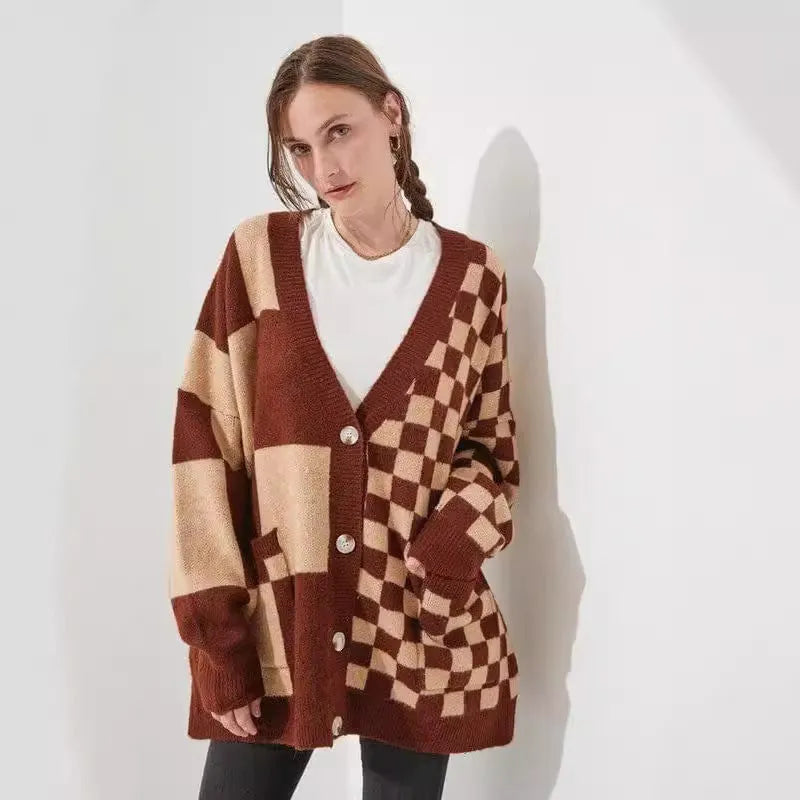 A woman's loose slim fit cardigan in a polyester-spandex knit fabric, shown in one of six available colours.