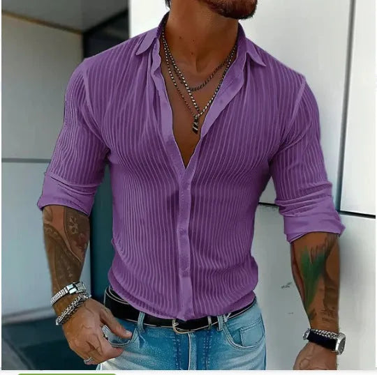 British-style loose fit men's striped long sleeve cardigan shirt on a hanger.