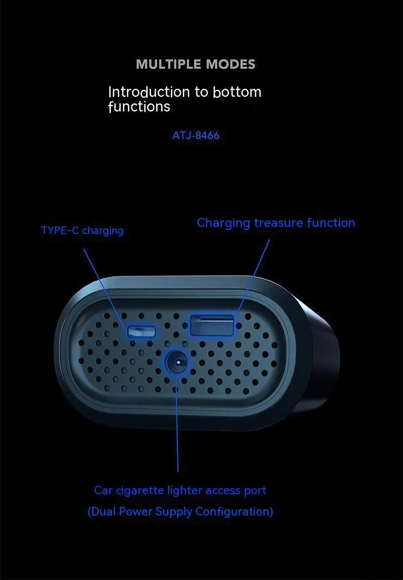 Handheld wireless digital display car air pump with LED light, hose, and multiple nozzles on black background