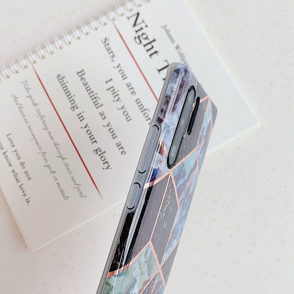 Electroplated marble pattern TPU phone case for Huawei and Samsung mobile phones in various colours.