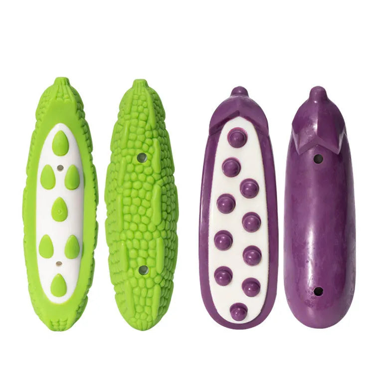 Green and purple meat-scented durable dog chew toys shown in large and small sizes.