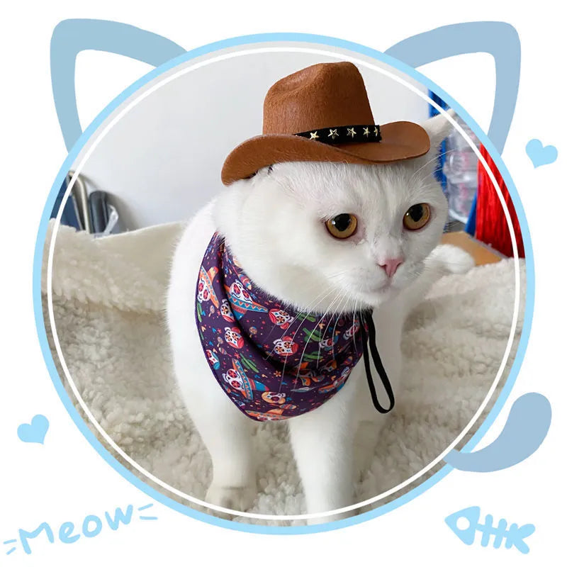 British-style brown cowboy hat for a cat on a mannequin head.