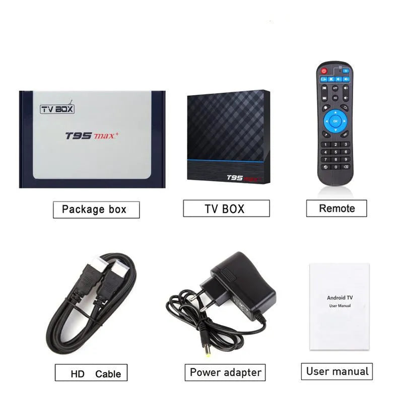 Black T95 Max Plus Android TV box with remote control, showing choice of UK, US, and EU plug options.