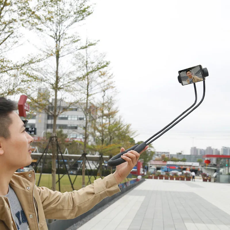 Black Baseus flexible gooseneck phone holder showing neck hanging and 360-degree adjustment with shockproof support.
