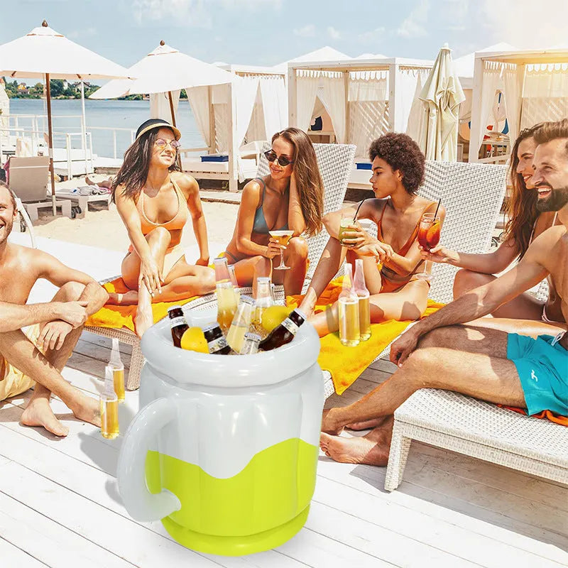 Yellow inflatable PVC ice bucket for portable drink chilling at parties.