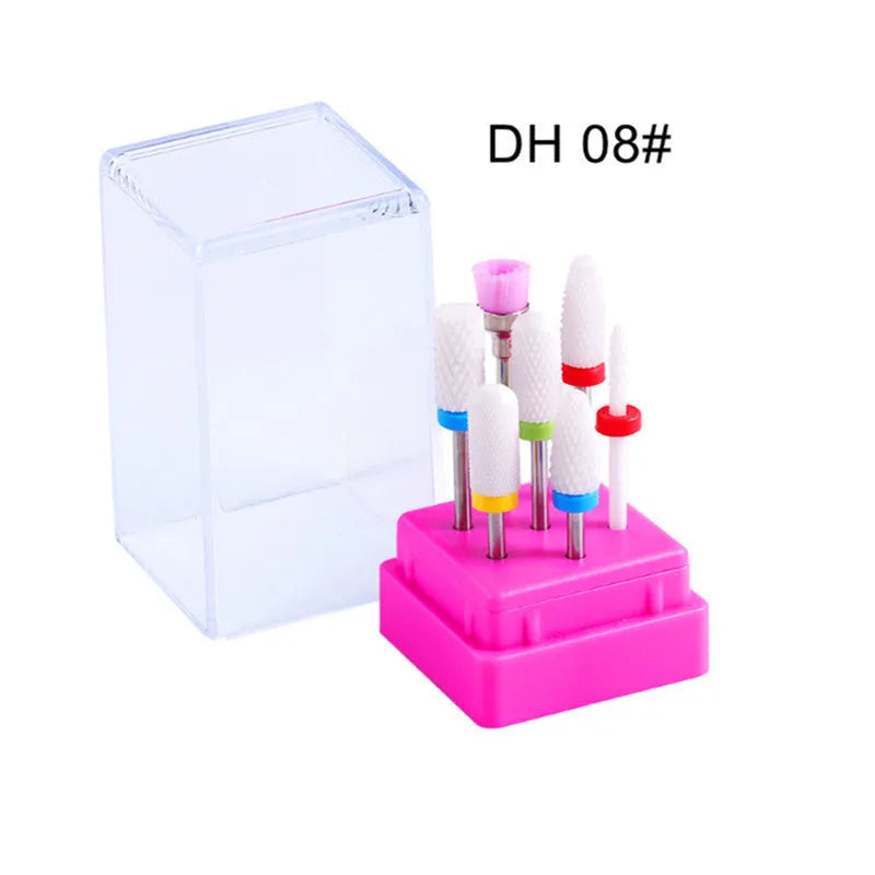 Tungsten steel nail drill polishing head set with six bits and a brush in a transparent case.