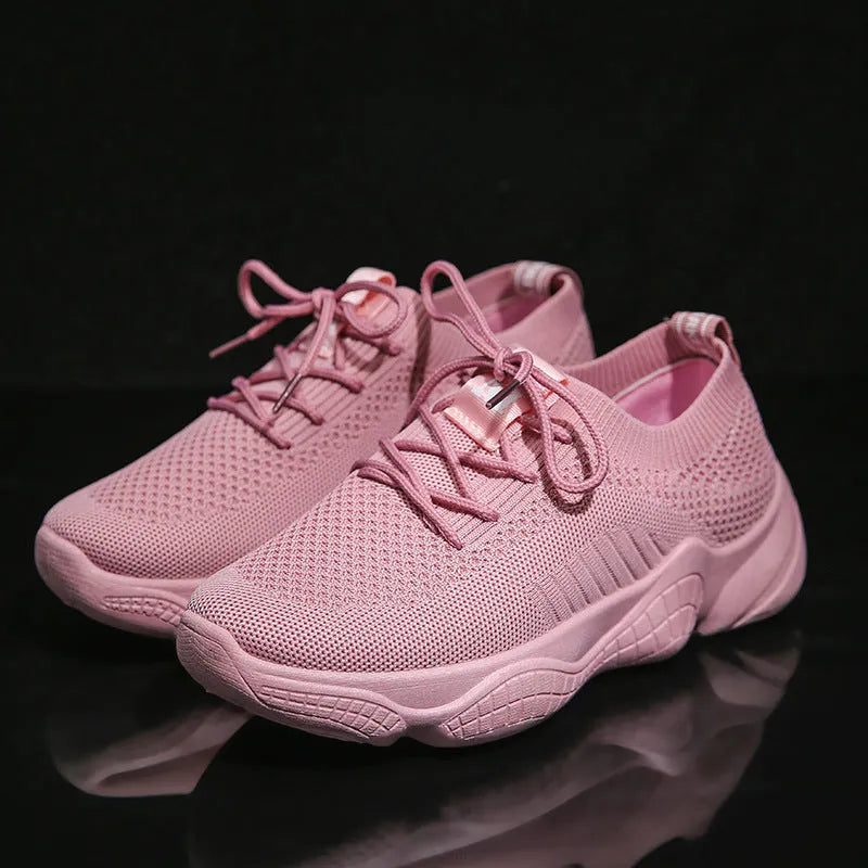 Women's white thick-soled flying woven sports shoes with front strap and round toe