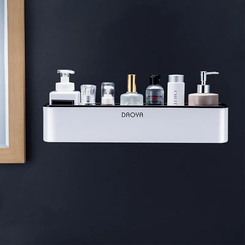 Plastic bathroom wall shelf with hole-free installation for shampoo and shower gel storage