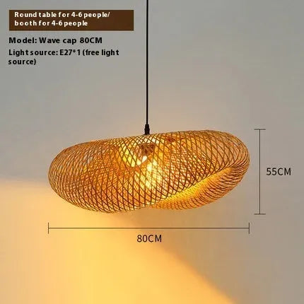 Bamboo straw hat-shaped hanging chandelier lamp in natural woven material