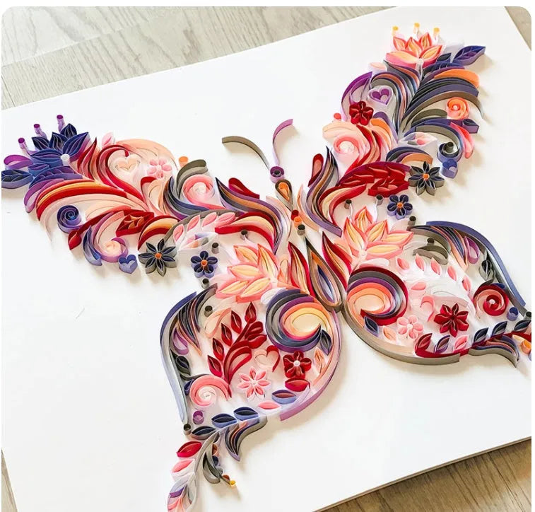 20-inch handmade butterfly quilling illustration craft pack with tools and blue/pink paper