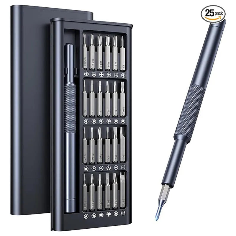 25-in-one magnetic screwdriver set with chrome vanadium steel bits and ABS knurled handle.