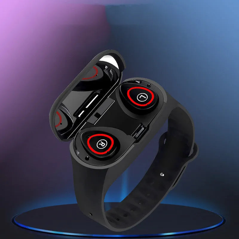 Smart bracelet with integrated wireless earphones on a silicone wristband in black, blue or red.