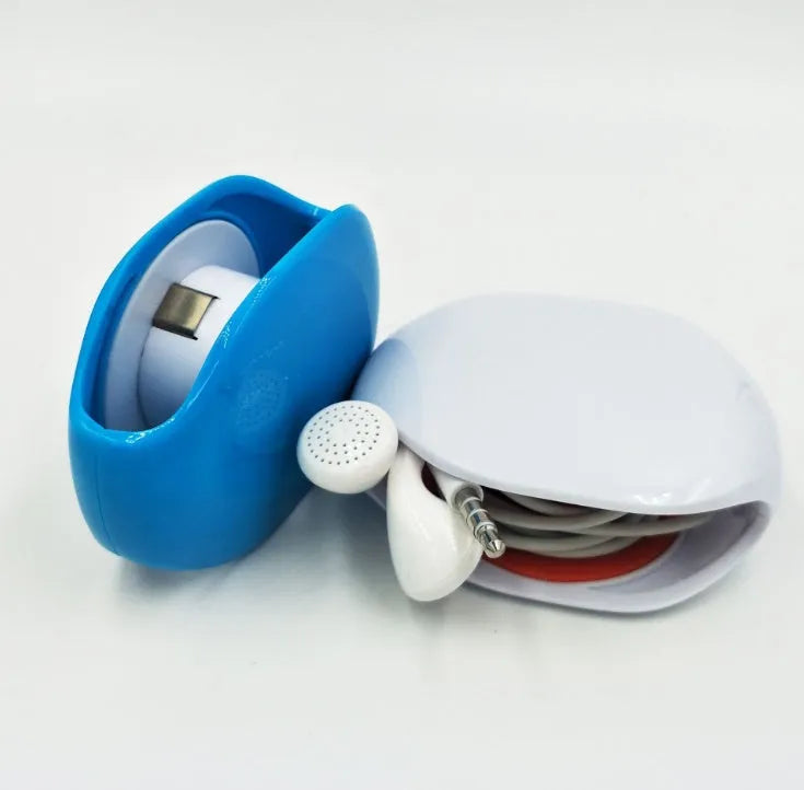 Automatic earphone cable winder retractor in various colours on a white background.