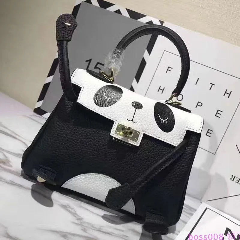 Panda animal print cow leather handbag in a horizontal square shape, shown in two size options.