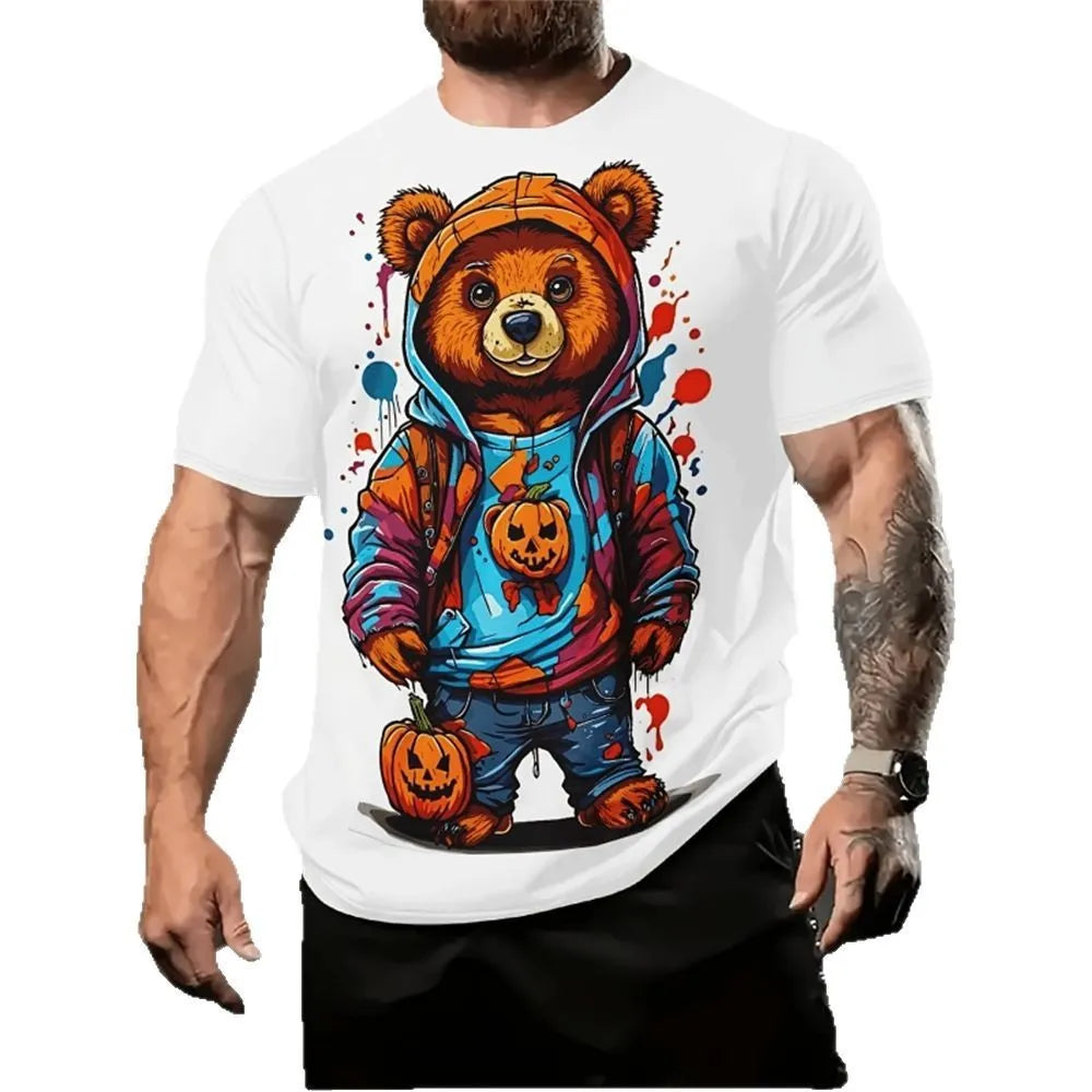 Men's loose fit short sleeve shirt with cartoon 3D print in linen blend fabric