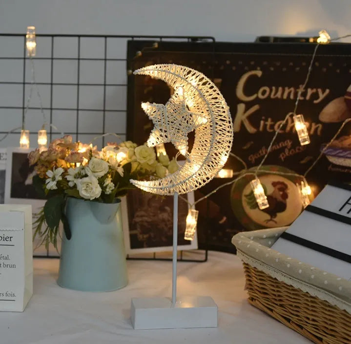 Rattan woven LED decorative table lamp in star, heart, or moon shape with copper wire frame and battery operation