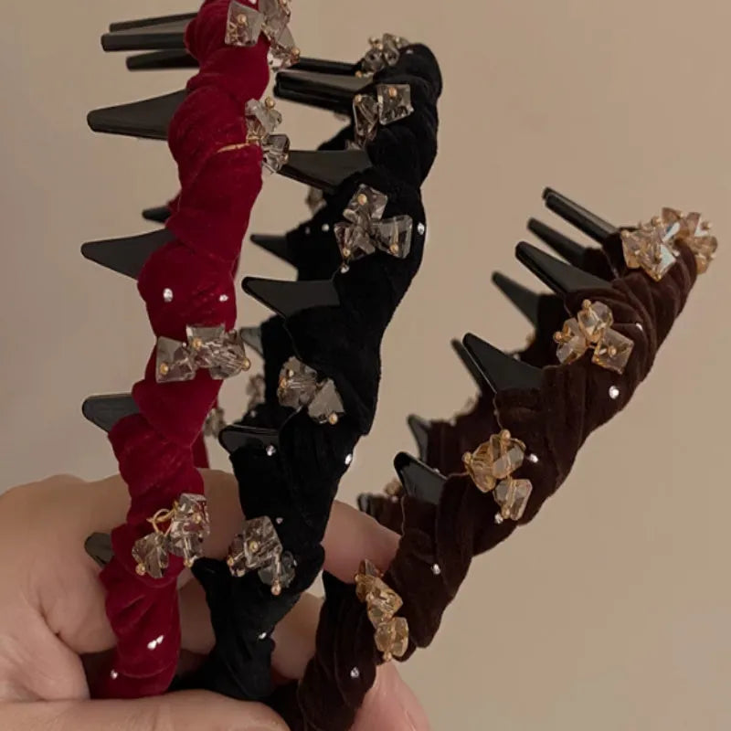 French velvet hairband with crystal wave detail in red, black, and coffee colours