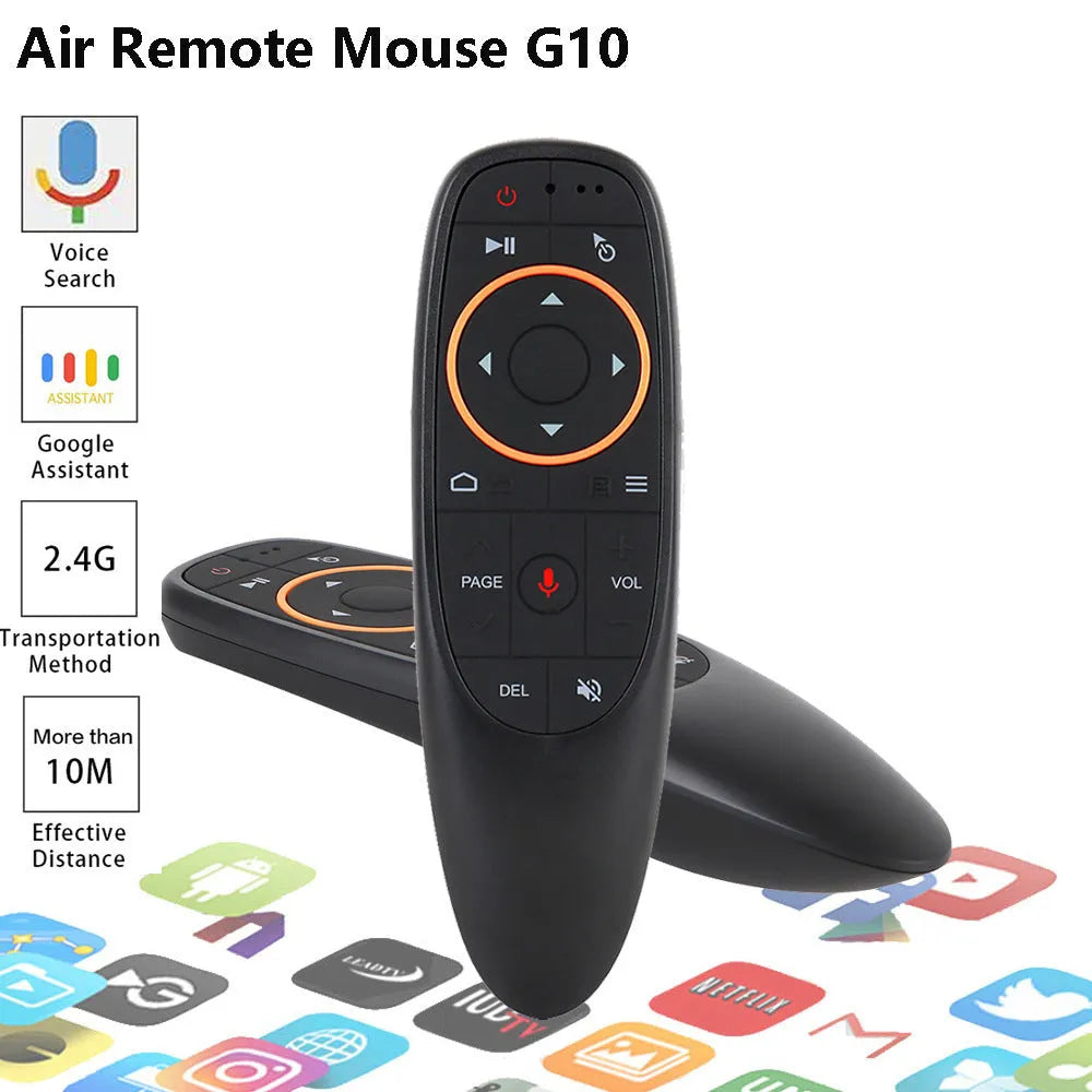 G10S intelligent wireless remote control with silicone buttons and plastic shell, shown next to its packaging.