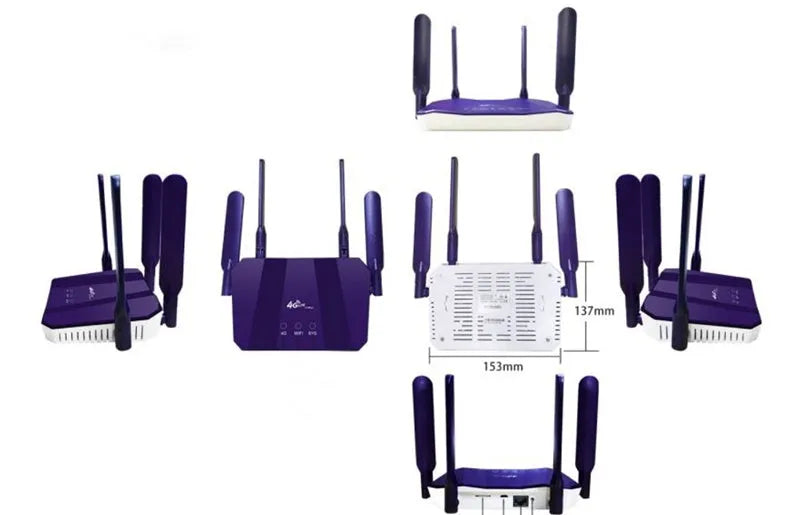 Blue 4G dual mode router with four antennas for wireless and wired internet connectivity