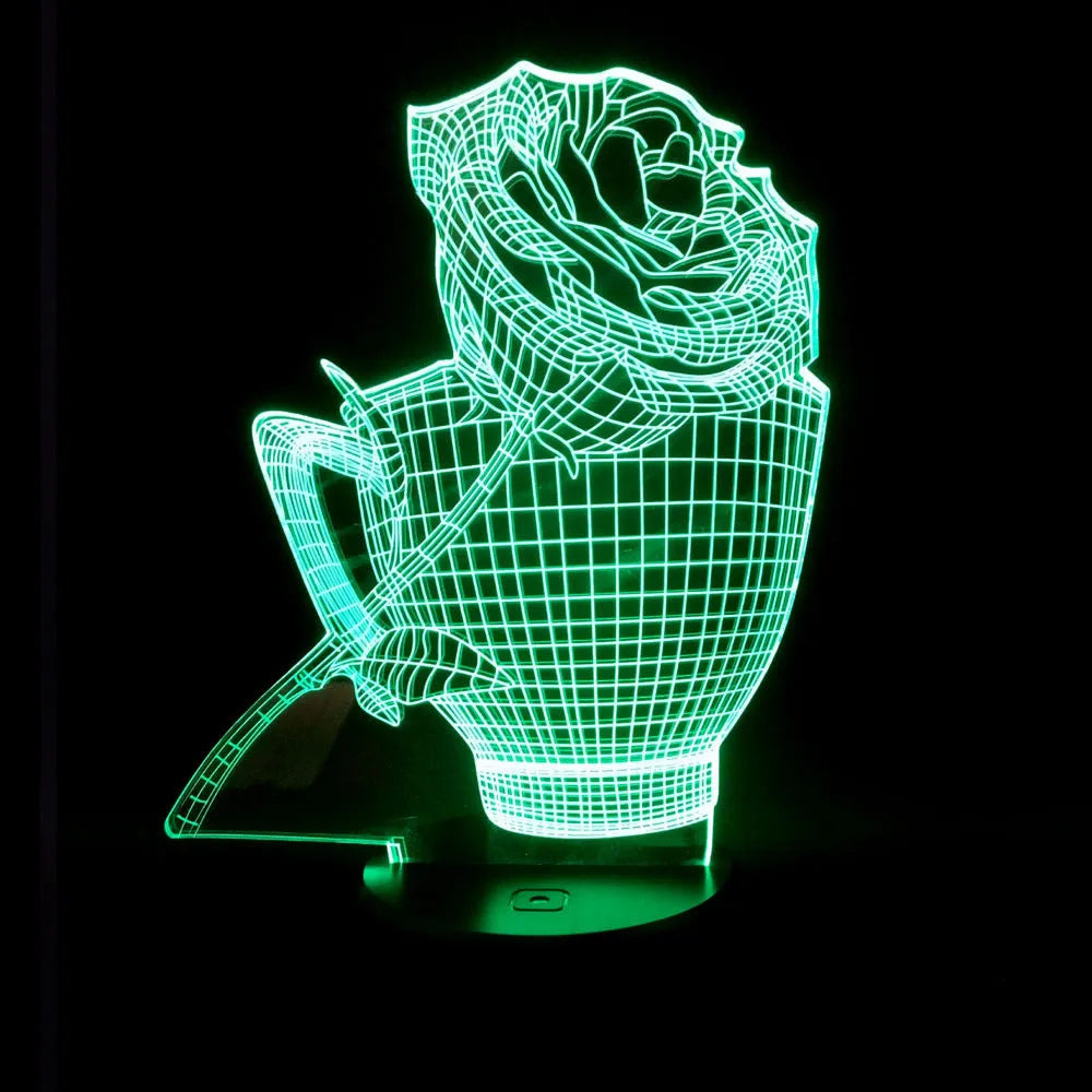 3D rose flower night light showing colour changing illumination with acrylic panel and ABS base