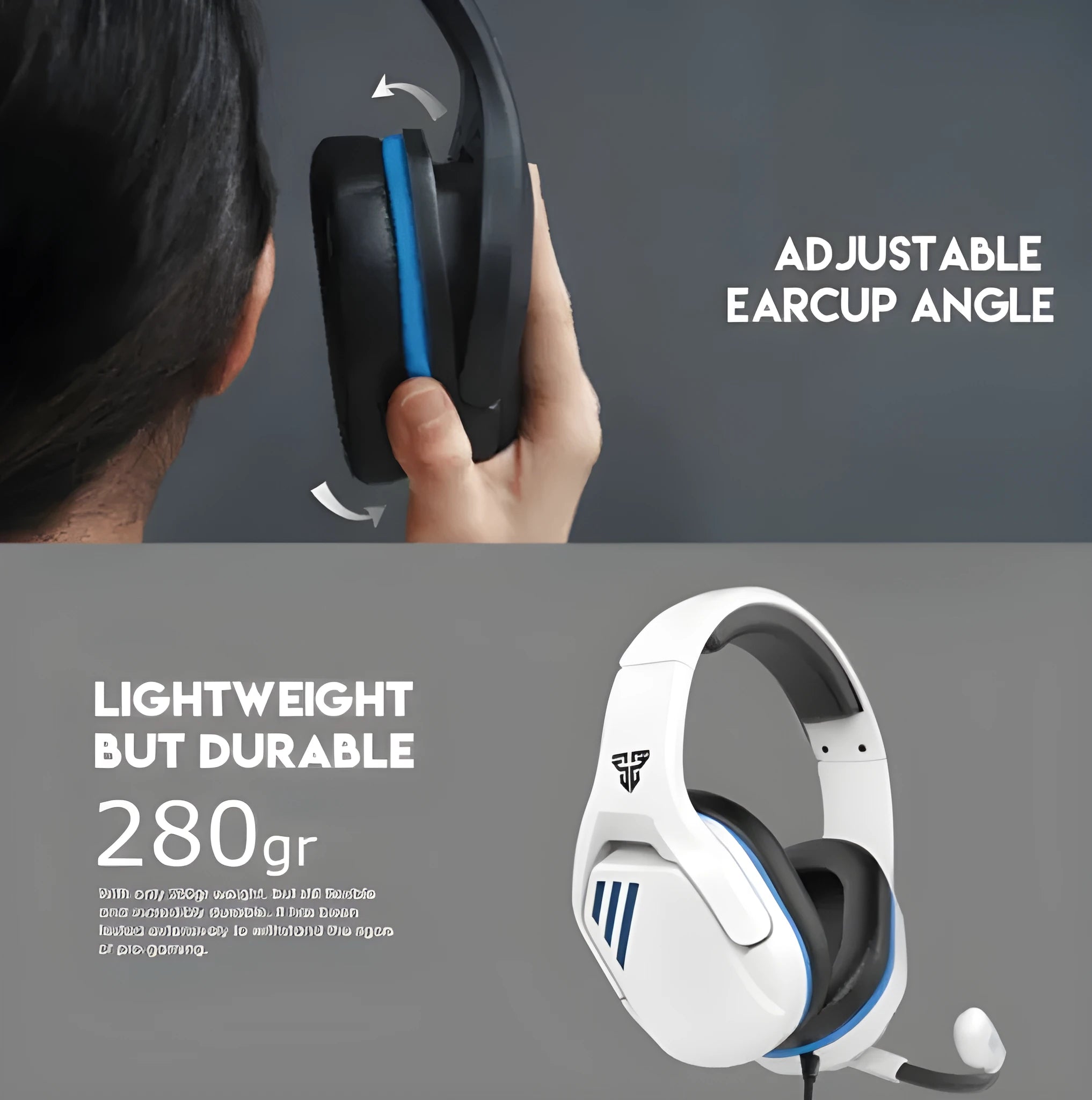 MH86 black and white wired esports gaming headset with microphone and 2-metre cable.