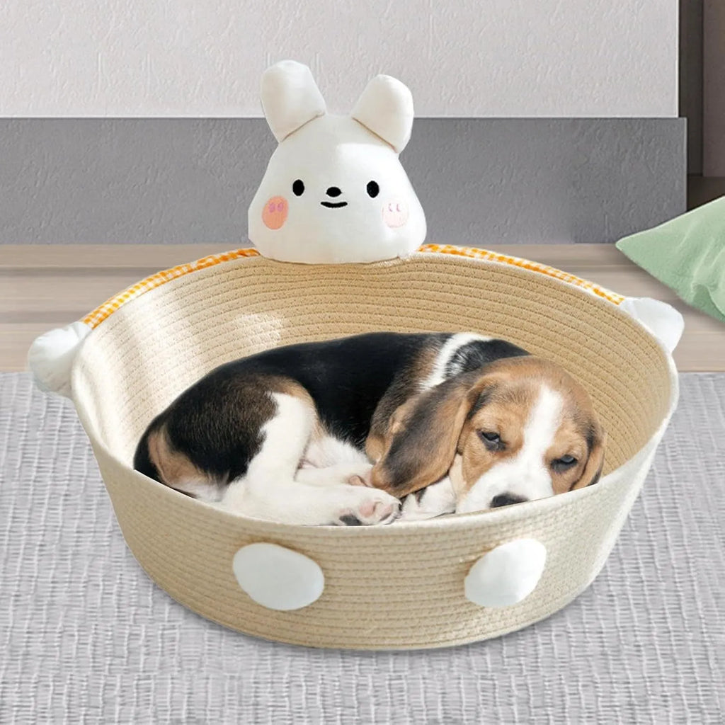 Woven cotton rope cat bed with integrated scratch board in bear design, showing basket shape with pet toy storage