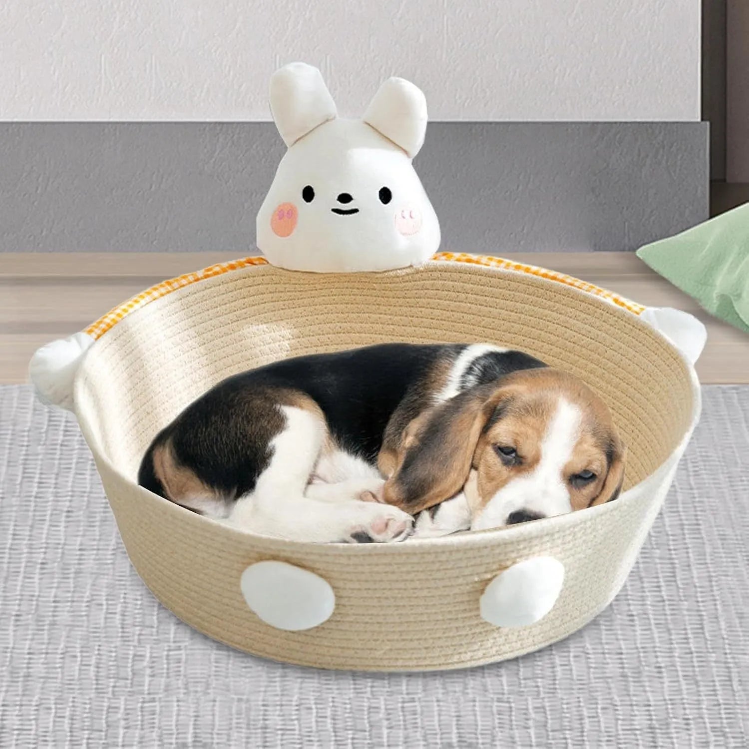Woven cotton rope cat bed with integrated scratch board in bear design, showing basket shape with pet toy storage