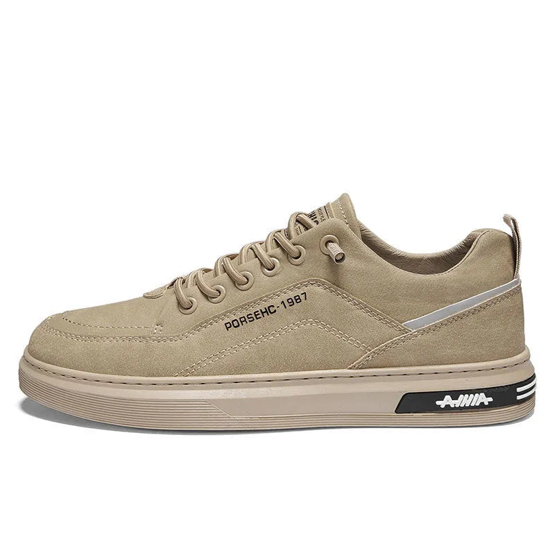 Men's khaki low-top casual shoes with a round toe and non-slip rubber sole.