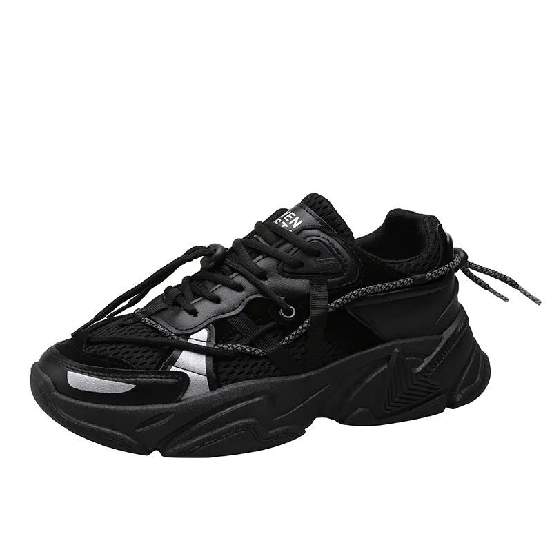 Men's white Korean style platform dad shoes with front lace-up closure on a neutral background.