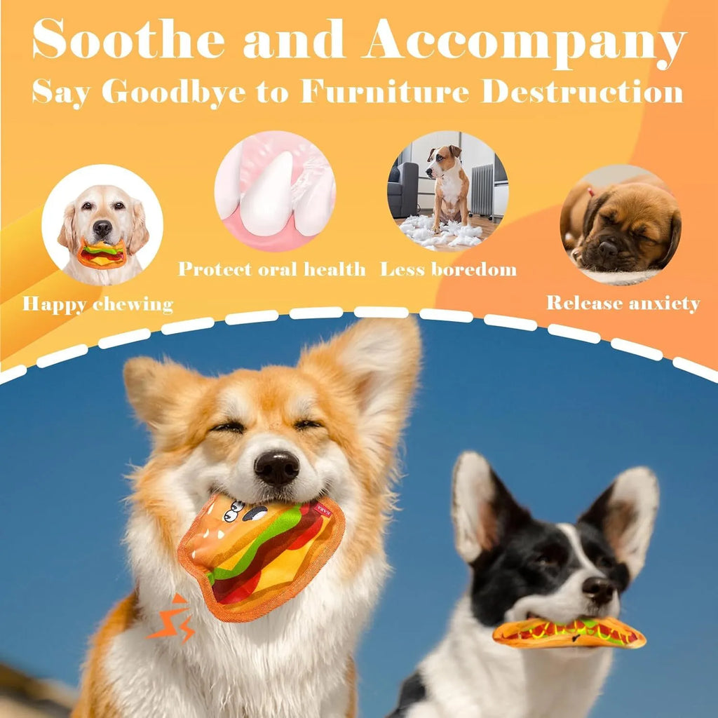 A set of four colourful crinkle and squeak dog toys shaped like a burger, fries, a hot dog, and a pizza.