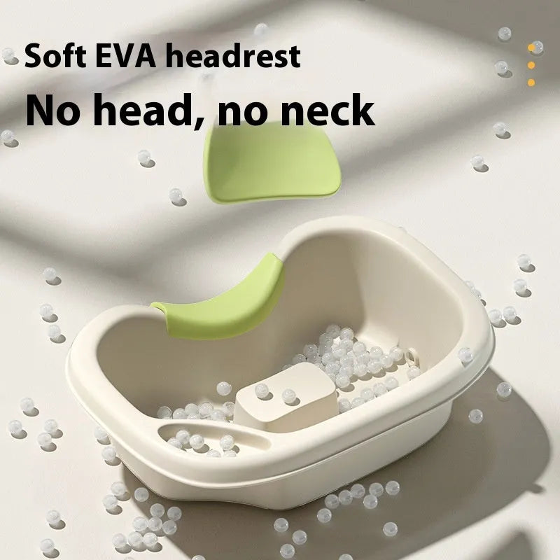 Light pink lying down hair wash basin with head pad, neck pillow, water pump and hair washing accessories