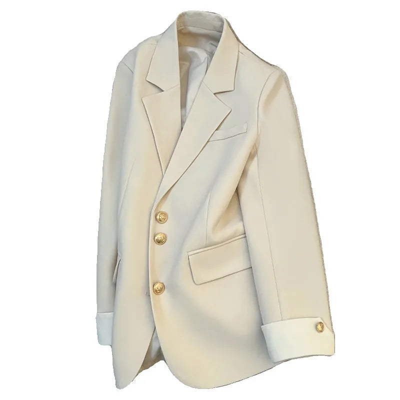 Women's loose-fit polyester commuting coat in milky white, showing long sleeves and pockets.