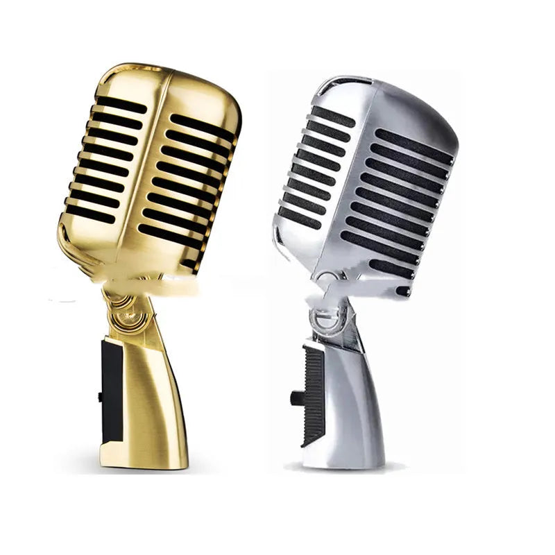Classical retro stage microphone in gold finish with all-metal construction and heart-shaped pickup pattern